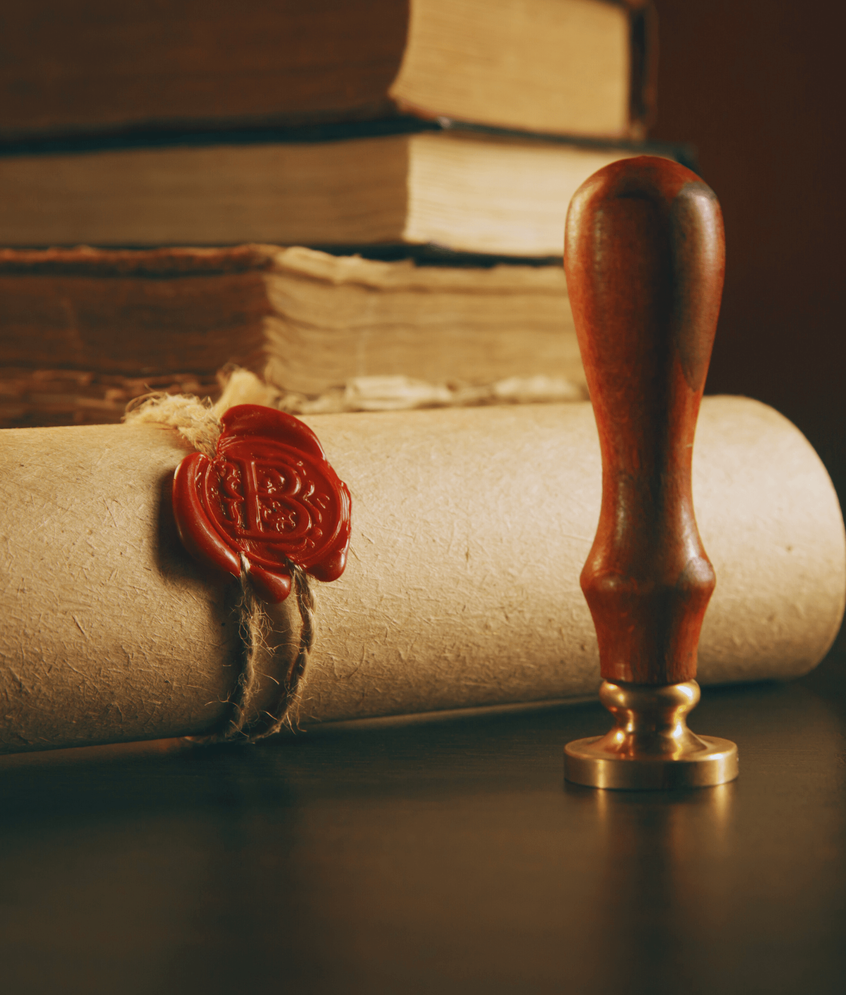 Sealed legal scroll with wax stamp and wooden seal